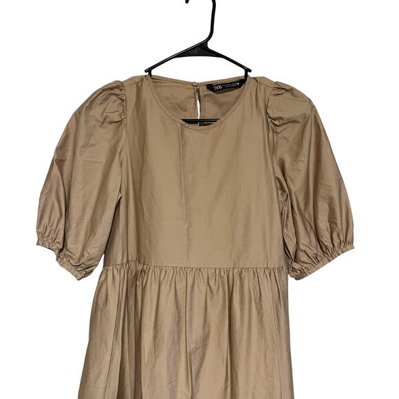 Zara Asymmetrical Hem Poplin Tiered Puff Sleeve Midi Dress Camel Beige Size S - Picture 3 of 8